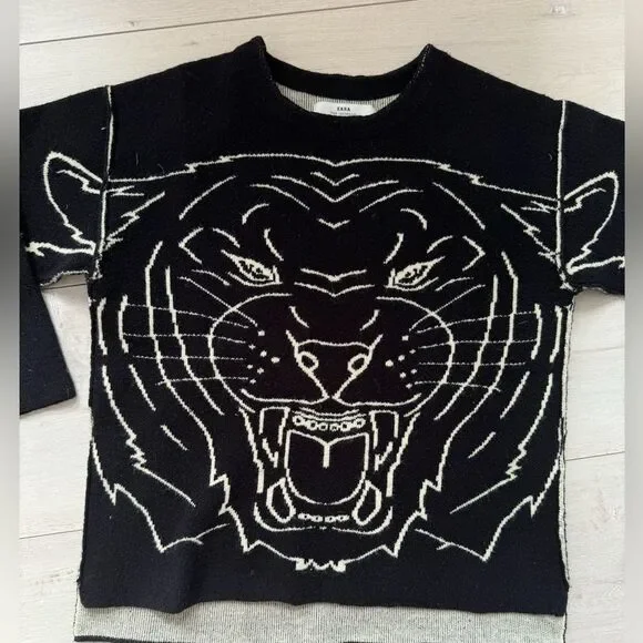 Exposed seam Zara boys black knitwear sweater with tiger design sz 5 - Picture 3 of 8